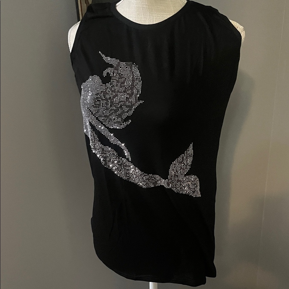 Black Sleeveless Top with Silver Mermaid Design